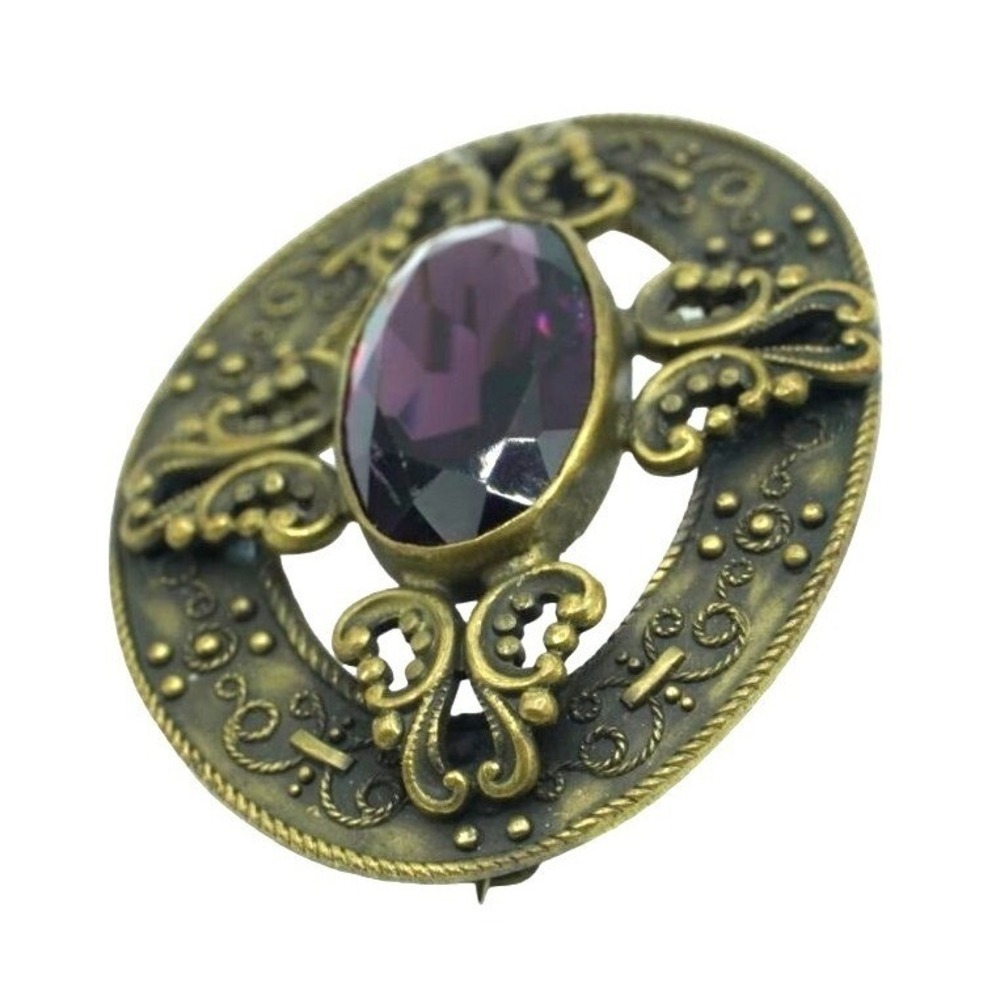 Purple Glass Sash Pin Brooch Victorian Art Nouveau Ornate Brass Setting C Clasp